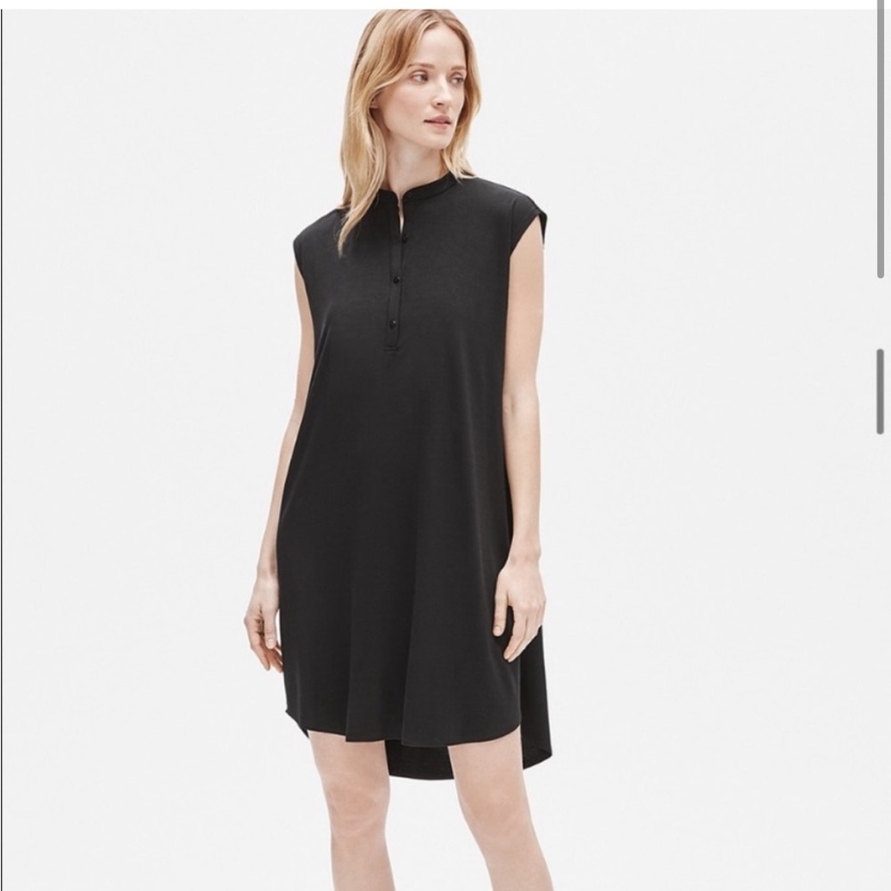 NWT Eileen Fisher Size Small Fine Tencel Jersey Mandarin Collar Dress Buttons